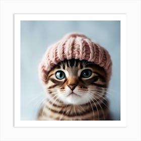 Cute Kitten In Knitted Hat 1 Art Print