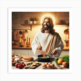 Jesus cooking a meal in a cozy modern kitchen 1 Art Print