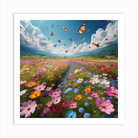 Colorful Flower Field With Butterflies 1 Art Print