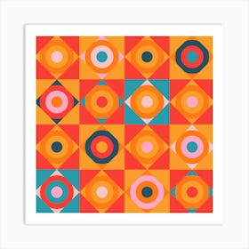 GEOMETRIC CIRCLE CHECKERBOARD TILES in Southwestern Desert Colours Coral Orange Blush Pink Teal Blue Art Print