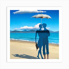 Couple With Umbrella On The Beach Art Print