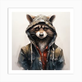 Watercolour Cartoon Raccoon In A Hoodie Art Print