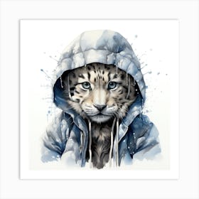 Watercolour Cartoon Snow Leopard In A Hoodie Art Print