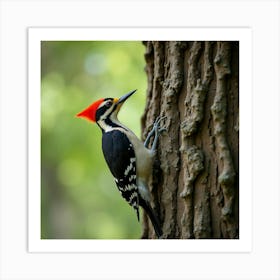 A Vibrant Woodpecker Tapping On The Bark Of An Ancient Oak Tree Art Print