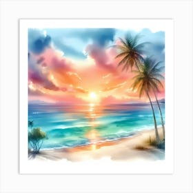 Watercolor Beach Sunset 2 Art Print