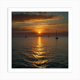 A Vibrant Sunset Over A Calm Ocean With Sailboats On The Horizon 2 Art Print