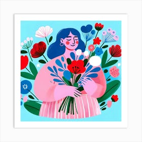 Illustration Of A Woman Holding Flowers Art Print