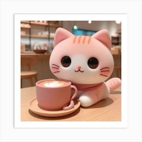 Cute Cat With Cup Of Coffee Art Print