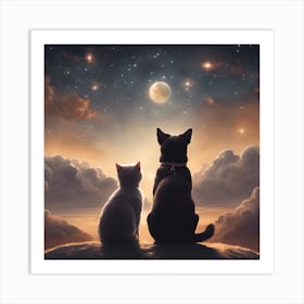 Cat and dog looking at the moon Art Print