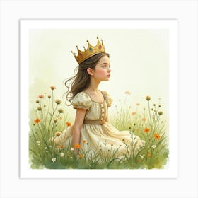 Watercolor Portrait Of Young Queen In A Tranquil, Misty Meadow Art Print