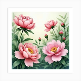 Soft Watercolor Peonies Blooming In A Lush Garden Art Print