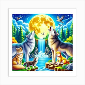 Howling Wolves with Wolf Cubs Art Print