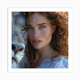 Portrait Of A Woman With A Lion Art Print