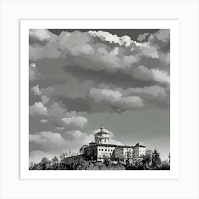 This image depicts a large, historic church situated on a hilltop, Monte dei Cappuccini, with a dramatic and expansive sky filled with thick, billowing clouds. The scene is rendered in grayscale, giving it a timeless and serene quality. The architecture of the monastery is detailed, with a prominent central dome and multiple buildings extending outward. The contrast between the solid, structured buildings and the fluid, dynamic clouds creates a striking visual effect. Art Print