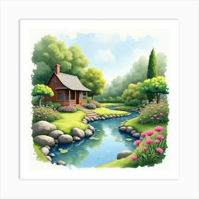 Peaceful Garden Retreat In Watercolor, With Serene Ponds And Flowering Plants Art Print