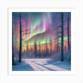 northern lights in the winter wood Art Print