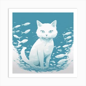 White Cat With Fish Art Print