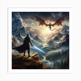 Dragon Flying Over A Mountain paintings art print Art Print