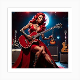 Red Haired Woman With Guitar 2 Art Print