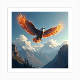 Giant Eagle With Glowing Wings Flying Over A Mountain 1 Art Print