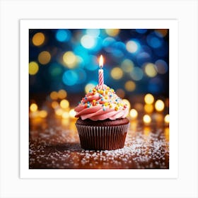 Birthday Celebration Cupcake Adorned With Vibrant Hued Frosting Single Candle Alight Casting A So Art Print