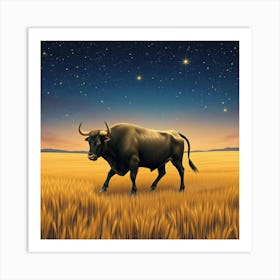 Bull In The Field At Night 3 Art Print