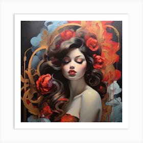 Woman With Red Roses Art Print