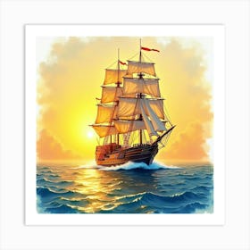 Grand Ship Navigating Watercolor Golden Sunset 1 Art Print