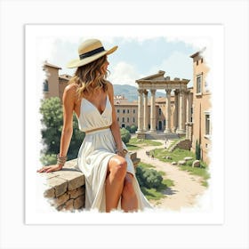 Stylish Italian Woman In Watercolor, Posing By An Ancient Roman Ruin Art Print