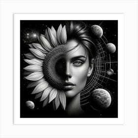 Sunflower Girl With Planets Art Print