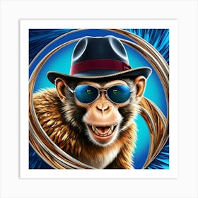 A Dazzling, High Contrast Illustration Of A Monkey Donning A Vintage Inspired, Curved Brim Fedora Hat With A Crimson Band And A Pair Of Sleek, Silver Rimmed, Oversized Sunglasses (2) Art Print