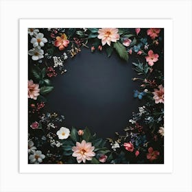 Floral Wreath On Black Background Art Print