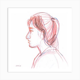 Minimal Red And Blue Color Pencil Portrait Illustration Of A Young Mother Art Print