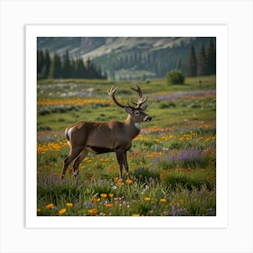 A Tranquil Alpine Meadow Filled With Colorful Wildflowers And Grazing Deer 2 Art Print