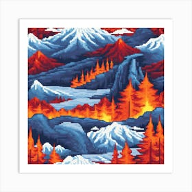 Fire In The Mountains, A Landscape , Fire And Ice Coexist Representing The Balance Of Facing And Overcoming Adversitie Art Print