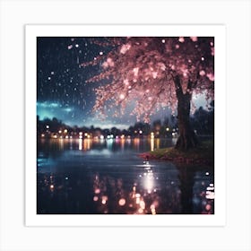 Multicoloured Lights on the Lake with Illuminated Cherry Blossom Art Print