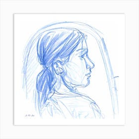 Minimal Blue Color Pencil Portrait Illustration Of A Young Girl By A Mirror Art Print