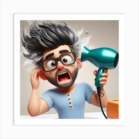 Cartoon Man Blow Drying His Hair Art Print