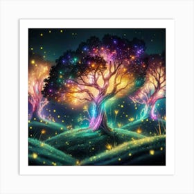 A captivating scene of trees that appear to be alive, with twinkling lights and vibrant Art Print