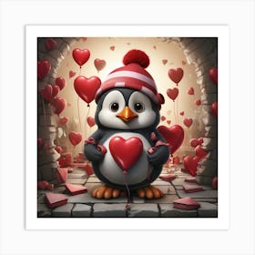 Penguin With Heart Balloons Art Print