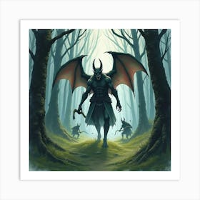 Demon Hunter Stalking Creatures In A Haunted Forest, Watercolor Tone 1 Art Print