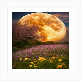 Full Moon Over Flowers Art Print