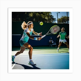 Tennis Match Captured In Mid Action Players Frozen Mid Swing With Rackets Poised To Strike Sunligh (4) Art Print