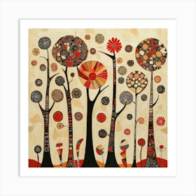 Folk Art Style Mosaic Trees Art Print