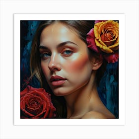 Portrait Of A Woman With Roses2 Art Print