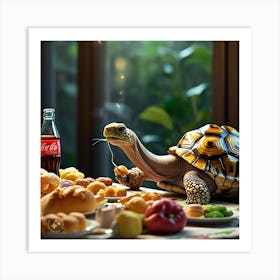 Tortoise Eating Greedily All The Delicious Food And Drinks (3) Art Print