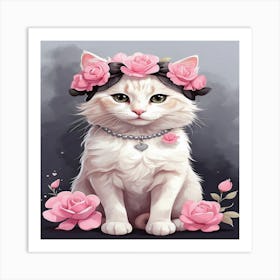 Cat With Roses Art Print