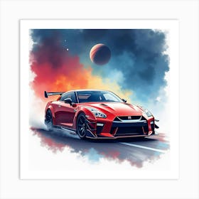 Nissan Gt R Nismo In A Colorful Watercolor Space Scene, No Logo Or Signature 1 Art Print