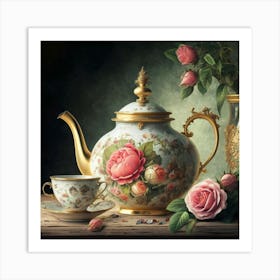 A very finely detailed Victorian style teapot with flowers, plants and roses in the center with a tea cup 8 Art Print