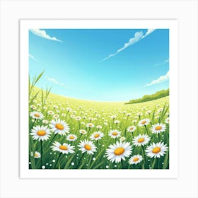 A Vibrant Daisy Field Under A Clear Blue Sky 2 Art Print